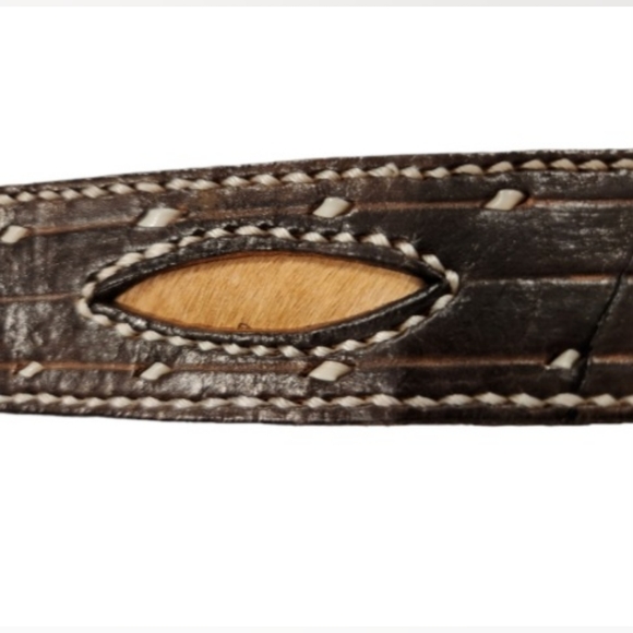 Cowboy Brown Belt with cow hide Inlay and white leather braiding - Picture 5 of 7
